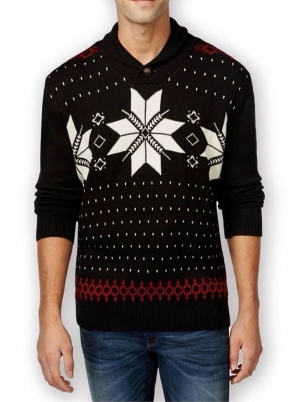 Weatherproof Vintage Men’s Shawl Collar Button Sweater Large Black Fair Isle